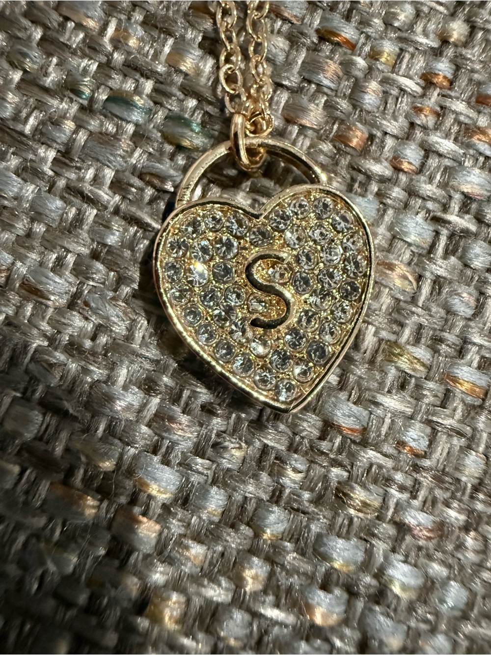 Avon Gold-Tone Pave Crystal Heart Pendant Necklace with 'S' Initial